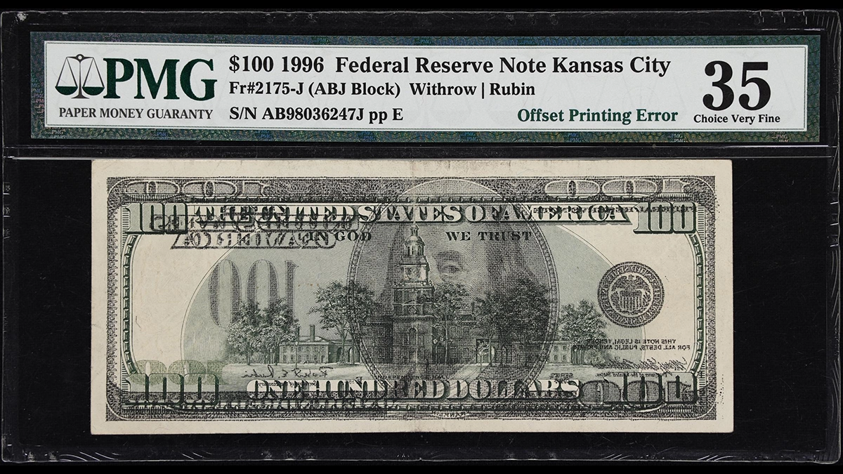 Series 1996 $100 Federal Reserve Note with Offset Printing Error. Image: Stack's Bowers.