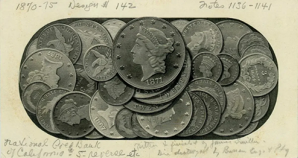 Photo by Heritage Auctions - James Smillie National Gold Bank Note Engraving "reverse pile-of-coins" vignette - LOT #5418 - 2001 Cincinnati, OH September (CAA) Sale #269