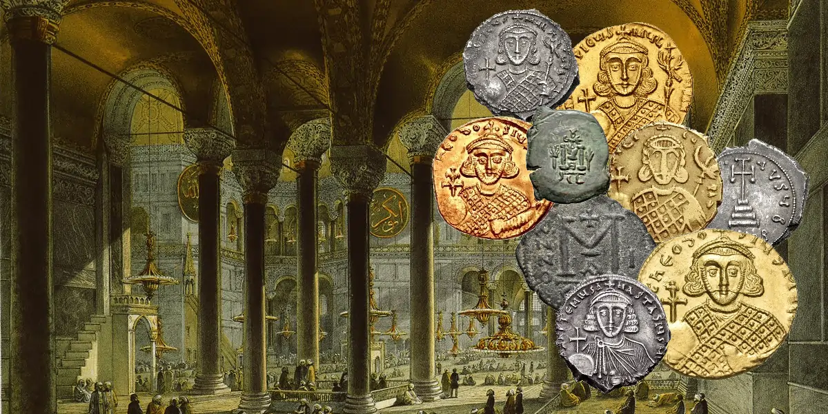 View of the central nave of Hagia Sophia in Istanbul, from the north nave. - by Gaspare Fossati 1852 - with Byzantine coins.
