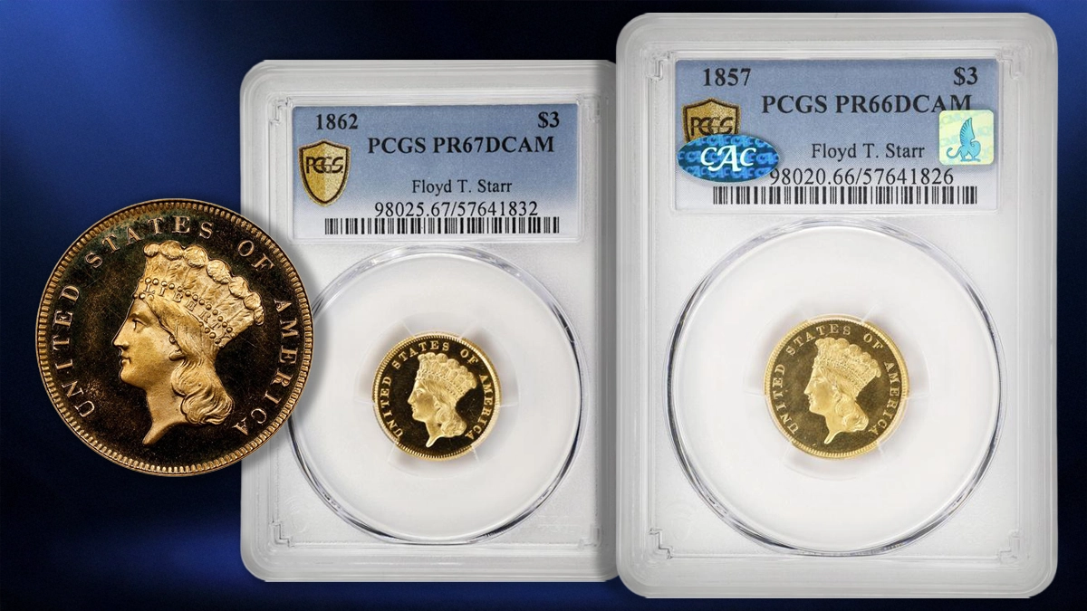 A selection of Proof Three-Dollar Gold coins from the Floyd Starr Collection. Image: Stack's Bowers / CoinWeek.