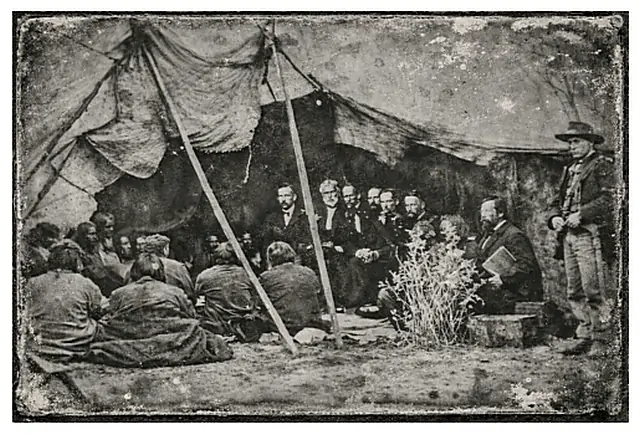 William Tecumseh Sherman, his staff, and the Sioux at the signing of the Second Treaty of Fort Laramie (1868).