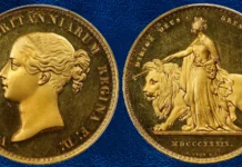 Gold "Una and the Lion" 5 Pounds Pattern, 1839. London Mint. Victoria. PCGS PROOF-62+ Deep Cameo.