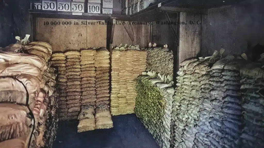 Bags of Morgan Dollars held in bags at a Treasury Department vault in Washington, D.C.