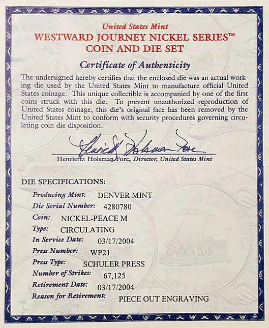US Mint Retired Die Certificate of Authenticity (COA