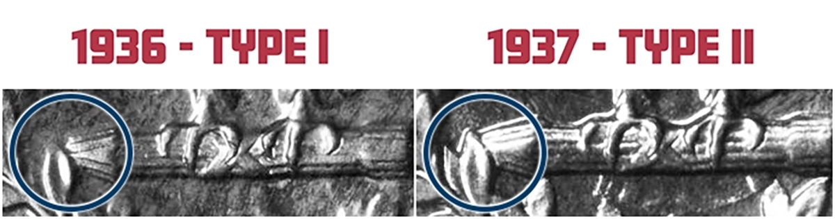 A side-by-side comparison of the 1936 and 1937 Proof Washington Quarter reverses. The leaf extends higher than the arrow tips on the 1937 revision. Image: CoinWeek.