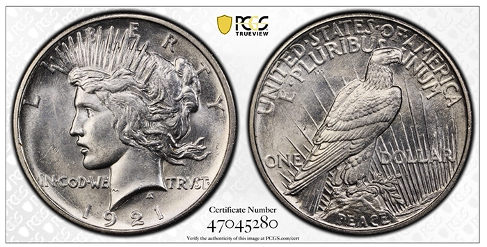 This example of the 1921 Peace Dollar exhibits a superb strike. Courtesy of PCGS TrueView.