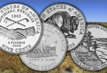 The four Jefferson Nickel verses issued for the Westward Journey series. Image: United States Mint/CoinWeek.